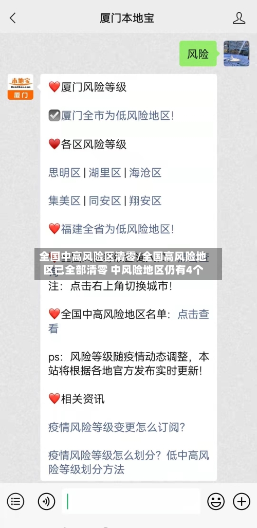 全国中高风险区清零/全国高风险地区已全部清零 中风险地区仍有4个
